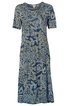 Knielanges Kleid in Blau mit beigen abstrakten Mustern, Rundhalsausschnitt, halblange Ärmel, gerade geschnitten