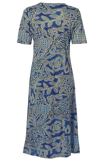 Midikleid in Blau mit beigem abstraktem Blumen- und Blättermuster, kurze Ärmel, runder Ausschnitt, leichter A-Linie, ohne sichtbare Verschlüsse