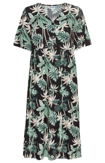 Kurzärmeliges Midikleid in Schwarz mit grünem und weißem Blumenmuster, V-Ausschnitt, tailliert, knielang