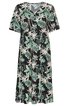 Kurzärmeliges Midikleid in Schwarz mit grünem und weißem Blumenmuster, V-Ausschnitt, tailliert, knielang