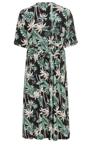Schwarzes Midikleid mit grünem und weißem Blattmuster, kurze Puffärmel, V-Ausschnitt, Bindegürtel in der Taille, lockere Passform