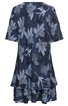 Dunkelblaues Kleid mit weißem Blumenmuster, kurze weite Ärmel, gerader Schnitt mit locker fallendem Rockteil, zweiteiliger Lagenlook, hinten abgebildet