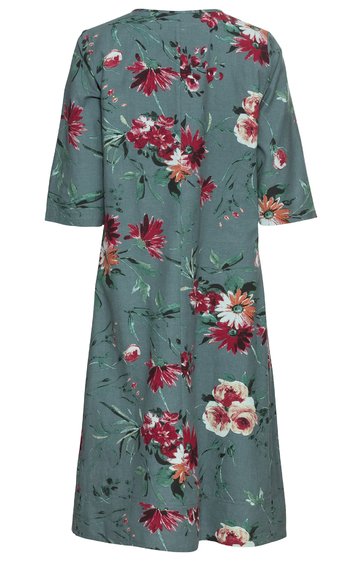 Knielanges Kleid in graugrün mit floralem Muster in Rot und Weiß, halblange Ärmel, rundem Ausschnitt, lockere Form, Rückenansicht