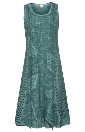 Ärmelloses, mintgrünes Kleid mit strukturiertem Muster, rundem Ausschnitt, zwei aufgesetzten Taschen vorne, A-Linien-Form, asymmetrisch geschnittener Saum
