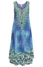 Ärmelloses Midikleid in Blau mit floralem und geometrischem Muster, Rundhalsausschnitt mit kleinem Schlitz und kontrastierenden grünen und weißen Musterrändern unten, locker geschnitten