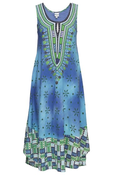 Ärmelloses Midikleid in Blau mit floralem und geometrischem Muster, Rundhalsausschnitt mit kleinem Schlitz und kontrastierenden grünen und weißen Musterrändern unten, locker geschnitten