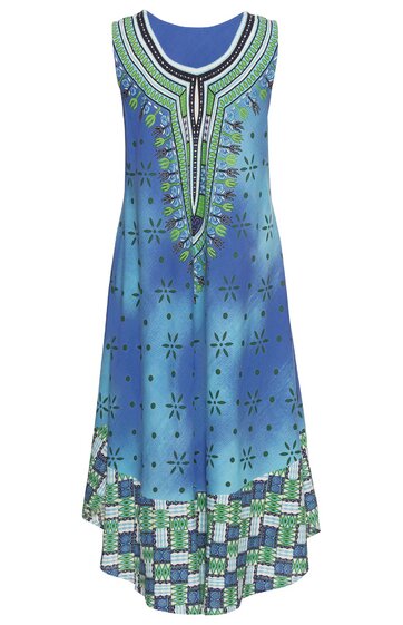 Ärmelloses Kleid in Blautönen mit grünem und weißem ethnischem Muster, tiefer Rundhals mit verziertem V-Ausschnitt, asymmetrischer, mehrlagiger Saum, weite Passform