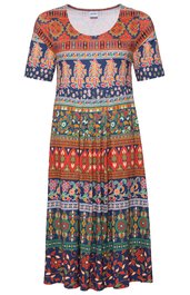 Knielanges Kleid in Dunkelblau, Orange und Grün mit floralem Muster, Rundhalsausschnitt, kurze Ärmel, gerade geschnitten