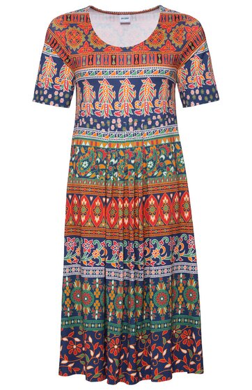 Knielanges Kleid in Dunkelblau, Orange und Grün mit floralem Muster, Rundhalsausschnitt, kurze Ärmel, gerade geschnitten