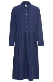 Dunkelblaues, knielanges Hemdkleid ohne Muster, Langarm, durchgeknöpft, klassischer Kragen, leicht taillierte Form