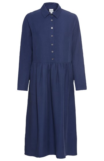 Dunkelblaues, knielanges Hemdkleid ohne Muster, Langarm, durchgeknöpft, klassischer Kragen, leicht taillierte Form
