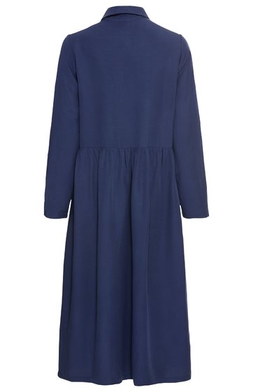 Dunkelblauer Mantel, einfarbig, langer Schnitt, Kragen, lange Ärmel, Rückenansicht, lockere Passform