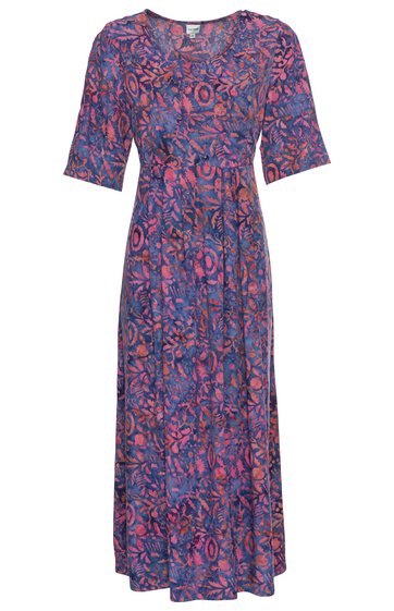 Maxikleid in dunklem lila mit rot-rosa abstraktem Muster, Rundhalsausschnitt, halblange Ärmel, lockere A-Linie, knöchellang