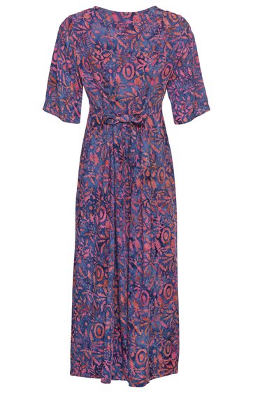 Maxikleid in dunklem Blau mit abstraktem, mehrfarbigem Muster, Rundhalsausschnitt, kurze Ärmel, Bindegürtel in der Taille, knöchellang