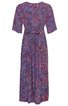 Maxikleid in dunklem Blau mit abstraktem, mehrfarbigem Muster, Rundhalsausschnitt, kurze Ärmel, Bindegürtel in der Taille, knöchellang