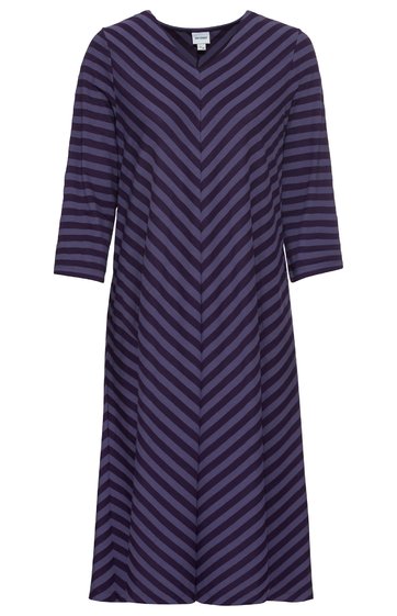 Dunkelblaues Kleid mit schwarzen diagonalen Streifen, V-Ausschnitt, dreiviertellange Ärmel, knielang, locker geschnitten