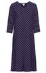 Dunkelblaues Kleid mit schwarzen diagonalen Streifen, V-Ausschnitt, dreiviertellange Ärmel, knielang, locker geschnitten