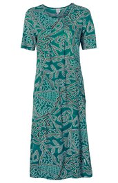 Grünes Midikleid mit abstraktem türkis-blauem Muster, rundem Ausschnitt, halblangen Ärmeln, A-Linien-Form, knielang