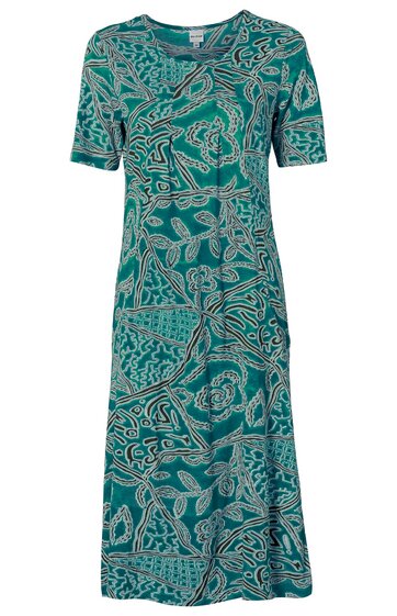 Grünes Midikleid mit abstraktem türkis-blauem Muster, rundem Ausschnitt, halblangen Ärmeln, A-Linien-Form, knielang