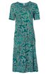 Grünes Midikleid mit abstraktem türkis-blauem Muster, rundem Ausschnitt, halblangen Ärmeln, A-Linien-Form, knielang