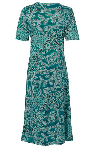 Kleid, petrolgrün mit hellbeigem abstraktem Blumenmuster, rundhals, kurze Ärmel, knielang, leicht ausgestellter Rock