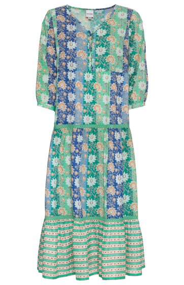 Midikleid in Grün- und Blautönen mit floralem Muster, Rundhalsausschnitt, 3/4-lange Ärmel, locker geschnitten, Stufenrock mit gemustertem Saum