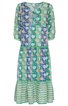 Midikleid in Grün- und Blautönen mit floralem Muster, Rundhalsausschnitt, 3/4-lange Ärmel, locker geschnitten, Stufenrock mit gemustertem Saum