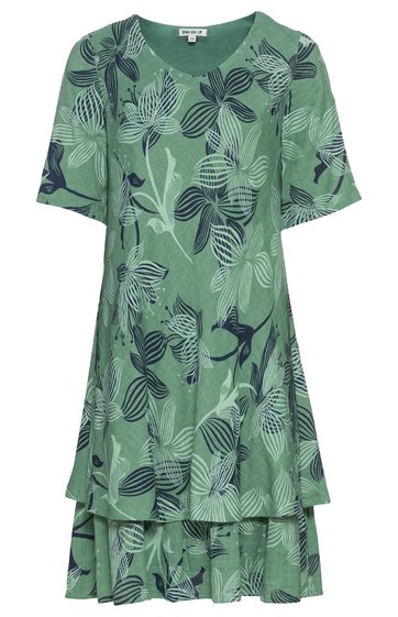 Grünes Kleiderkleid mit dunkelgrünem und hellgrünem Blumenmuster, Rundhals, kurze Ärmel, zweiteiliger Stufensaum, knielang