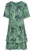 Grünes Kleiderkleid mit dunkelgrünem und hellgrünem Blumenmuster, Rundhals, kurze Ärmel, zweiteiliger Stufensaum, knielang