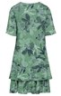 Grünes Damenkleid mit schwarz-hellgrünem Blattmuster, kurze Ärmel, rundhals, zweiteiliger Look mit kurzem Überkleid und Faltenrock darunter