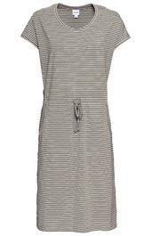 Gestreiftes Freizeitkleid in Beige und Weiß, kurze Ärmel, V-Ausschnitt, Kordelzug in der Taille, knielang, gerade geschnitten