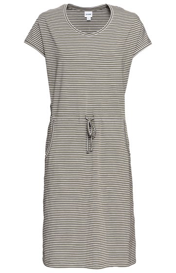 Gestreiftes Freizeitkleid in Beige und Weiß, kurze Ärmel, V-Ausschnitt, Kordelzug in der Taille, knielang, gerade geschnitten