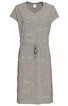 Gestreiftes Freizeitkleid in Beige und Weiß, kurze Ärmel, V-Ausschnitt, Kordelzug in der Taille, knielang, gerade geschnitten