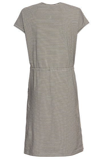 Kleid, hellgrau mit dunkelgrauen horizontalen dünnen Streifen, kurze Ärmel, Rundhalsausschnitt, tailliert durch angeschnittenen Gürtel, knieumspielende Länge