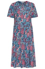 Knielanges Kleid in türkisblau mit roten und rosa Blumen, kurzen Ärmeln, Rundhalsausschnitt, ausgestellter Rock