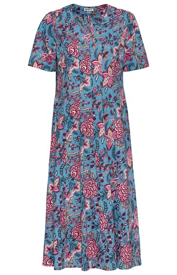 Knielanges Kleid in türkisblau mit roten und rosa Blumen, kurzen Ärmeln, Rundhalsausschnitt, ausgestellter Rock