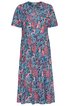 Knielanges Kleid in türkisblau mit roten und rosa Blumen, kurzen Ärmeln, Rundhalsausschnitt, ausgestellter Rock