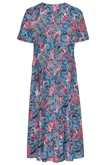 Blaues Midikleid mit pinken und roten Blumenmuster, kurzer Ärmel, Rundhalsausschnitt, taillierte Form, Knopfverschluss vorne, leicht ausgestellter Rock