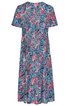 Blaues Midikleid mit pinken und roten Blumenmuster, kurzer Ärmel, Rundhalsausschnitt, taillierte Form, Knopfverschluss vorne, leicht ausgestellter Rock