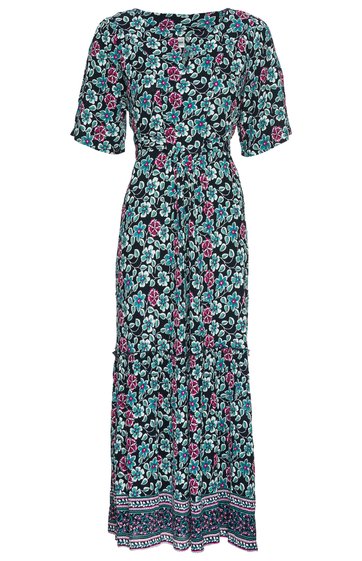 Maxikleid in Schwarz mit blauem und pinkem Blumenmuster, Rundhalsausschnitt, kurze Puffärmel, Taillengürtel, bodenlang, gerade geschnitten