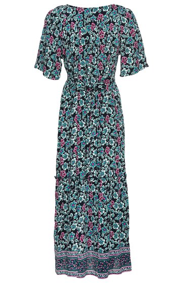 Ärmelloses, knöchellanges Kleid in Dunkelgrün mit floralen Mustern in Rosa und Hellblau, Rundhalsausschnitt, Taillengürtel, kurze Fledermausärmel, gemusterter Saumabschluss