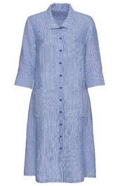 Blau-weiß gestreiftes Hemdblusenkleid, knieumspielend, 3/4-Ärmel, klassischer Kragen, durchgehende Knopfleiste, zwei aufgesetzte Taschen vorne