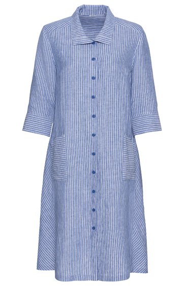 Blau-weiß gestreiftes Hemdblusenkleid, knieumspielend, 3/4-Ärmel, klassischer Kragen, durchgehende Knopfleiste, zwei aufgesetzte Taschen vorne