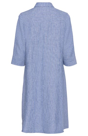 Hellblau-weiß gestreiftes Hemdblusenkleid, knielang, lange Ärmel mit Umschlag, Kragen, Rückenansicht