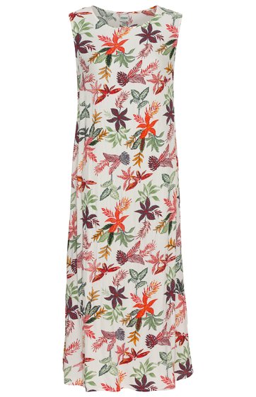 Ärmelloses langes Kleid in Cremeweiß mit buntem Blumenmuster in Orange, Lila, Grün, rundem Ausschnitt, gerader Schnitt