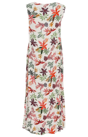 Ärmelloses, knöchellanges Kleid in Cremeweiß mit buntem Blumenmuster in Rot, Grün, Violett, Rundhalsausschnitt, gerade geschnittener Saum