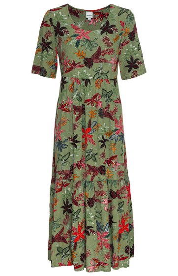 Maxikleid in grün mit buntem Blumenmuster in rot, orange, schwarz, V-Ausschnitt, halblange Ärmel, tailliert, locker fallend, Stufenrock