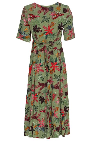 Grünes langes Kleid mit roten und braunen Blumen, kurze Ärmel, runder Ausschnitt, Taillengürtel, locker fallend