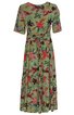 Grünes langes Kleid mit roten und braunen Blumen, kurze Ärmel, runder Ausschnitt, Taillengürtel, locker fallend