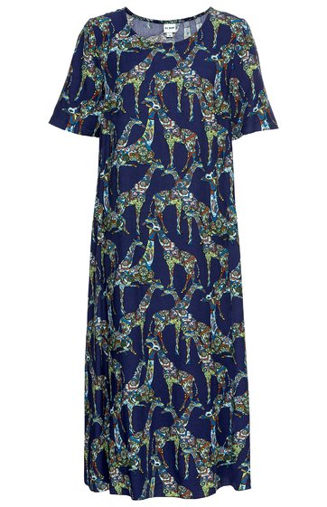 Dunkelblaues Midikleid mit buntem Paisley-Muster, kurzer Glockenärmel, rundem Ausschnitt, gerade geschnitten